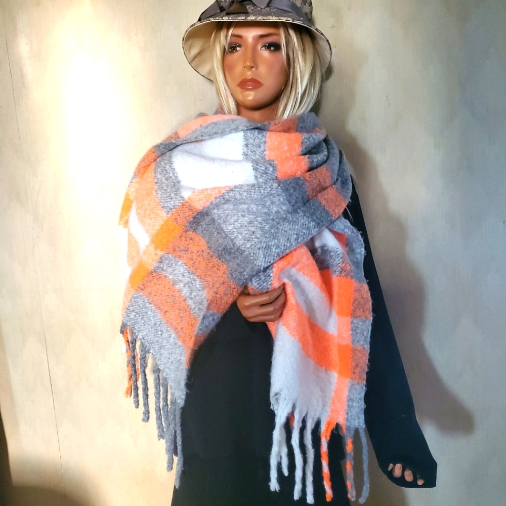 Calvin Klein Super Soft Blanket Scarf Wrap Shawl Orange Gray White.